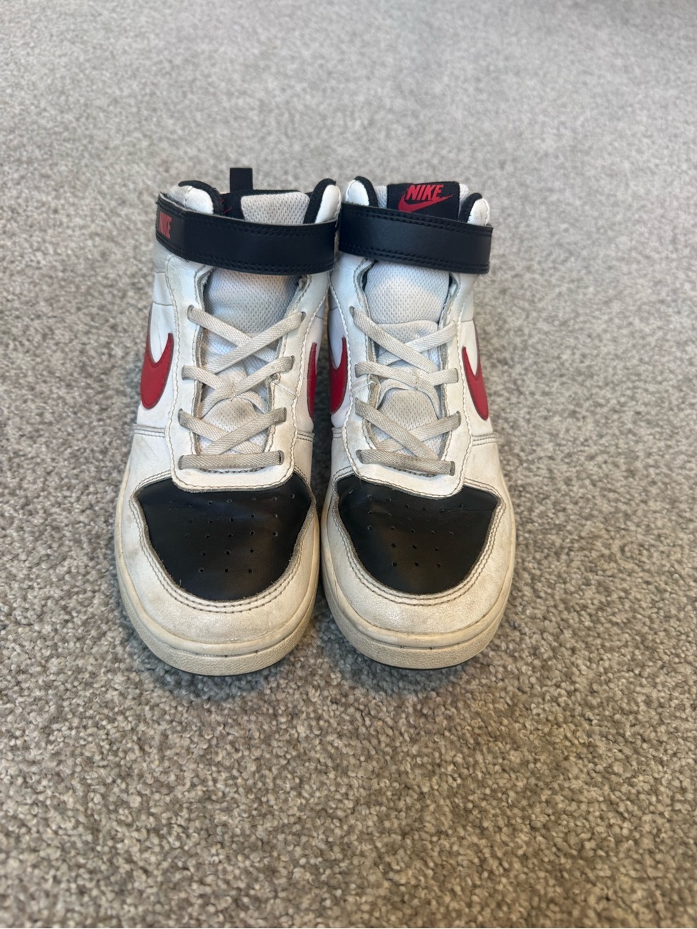 Nike Kids White Black Red High-Top Sneakers with Red Swoosh